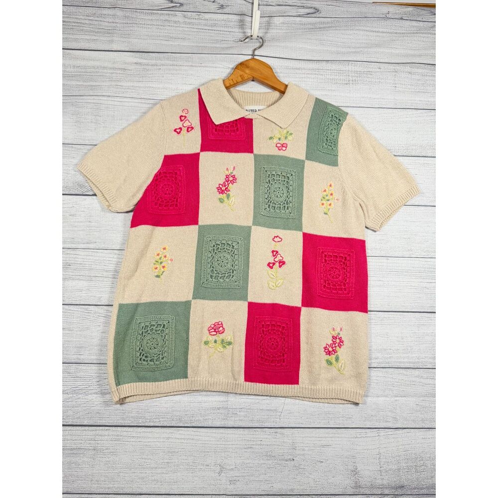 Vintage Alfred Dunner Womens M Floral Patchwork Crochet Polo Sweater 4223